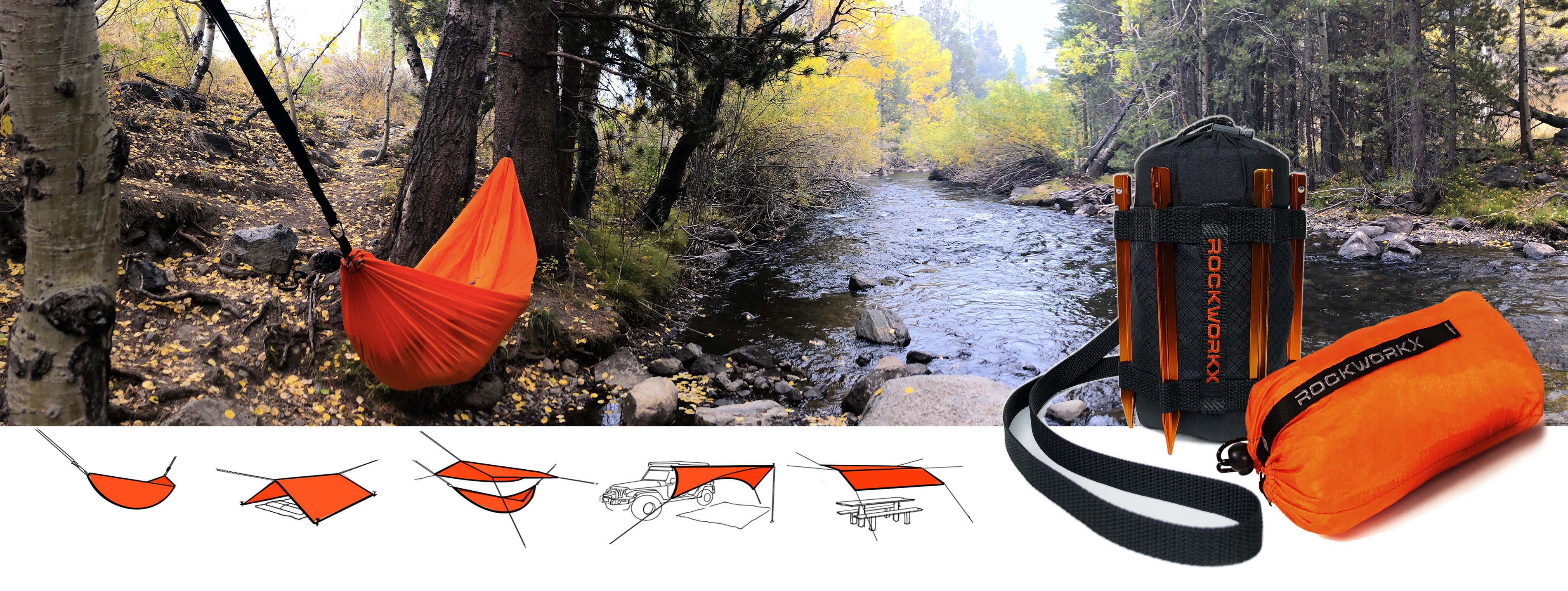 Orange Rockworkx camping hammock hanging next to the idyllic Reversed Creek, June Lake with the Aspin trees turning a beautiful golden yellow. On the right is the outdoor Hammock wrapped by the Peg Kit/ compression bag, an awesome backpacking accessory. 